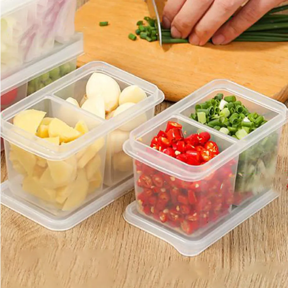 【時光良品】1組2入 雙格款-日式廚房萬用蔥薑蒜密封保鮮盒(冰箱密封收納罐置物盒/醬菜小菜調味粉香料水果)