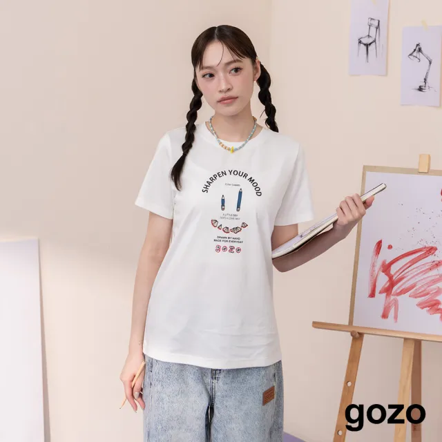【gozo】MOMO獨家款★ 好心情鉛筆屑印花涼感T恤(白色/深綠)