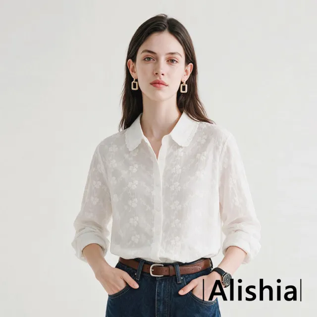 【Alishia】法式復古純色翻領刺繡花邊襯衫 上衣 長袖 M-2XL(白色)