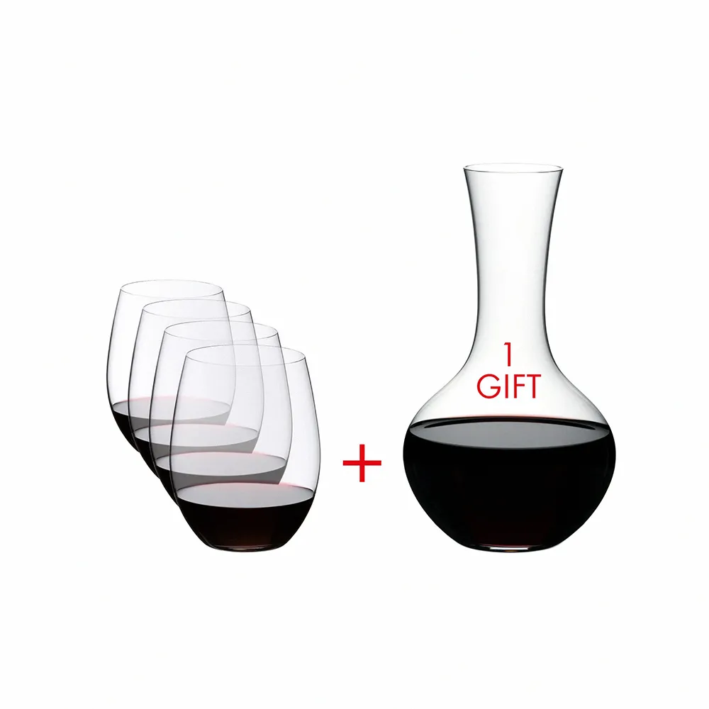 【Riedel】O 紅酒杯5件超值組禮盒-紅酒杯4入送醒酒瓶1入(超值組合送禮大氣)