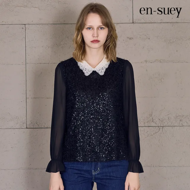 【en-suey 銀穗】EU微奢感亮片羽毛紗珠繡領七分雪紡袖上衣-女