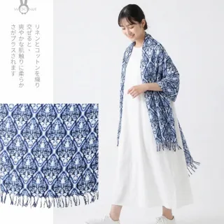 【WOONUE】日系棉麻藍染森林民族風披肩海灘巾披肩圍巾防曬披肩冷氣披巾青花瓷禮物母親媽女友老婆禮物情人節
