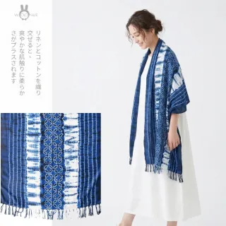 【WOONUE】日系棉麻藍染森林民族風披肩海灘巾披肩圍巾防曬披肩冷氣披巾青花瓷禮物母親媽女友老婆禮物情人節