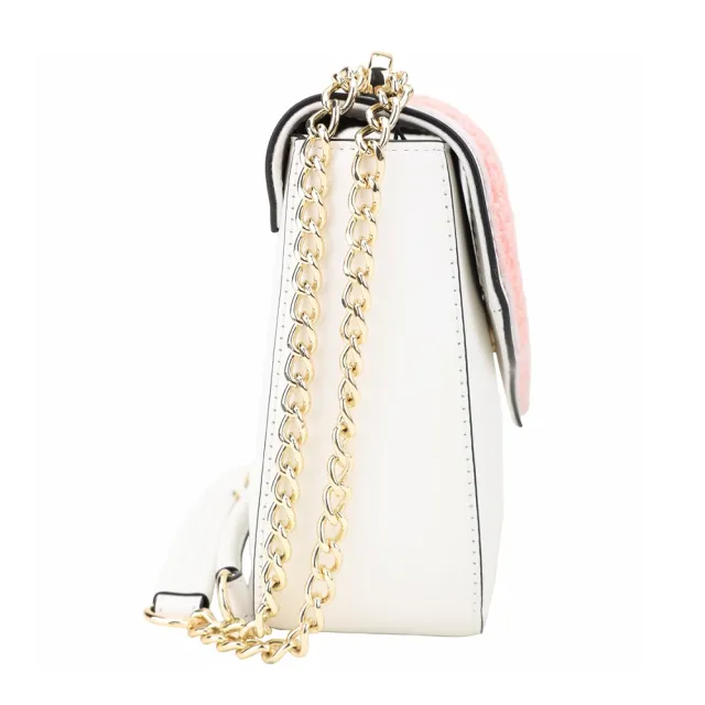 【MOSCHINO】LOVE MOSCHINO 毛呢彩虹愛心牛皮鍊帶翻蓋斜背包(白色 肩背 鍊條包 真皮)