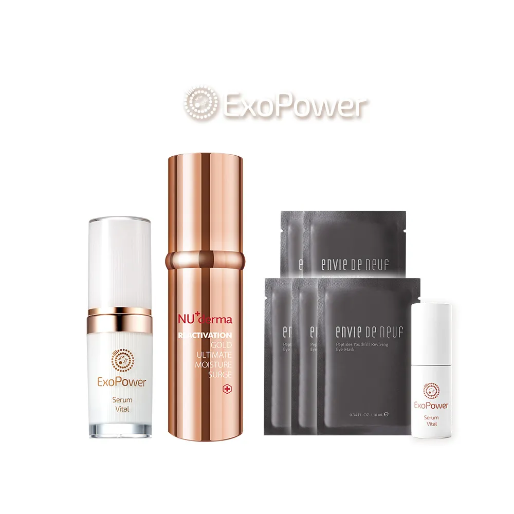 【ExoPower 泌力】修護水嫩雙效★機泌精華 15mL+金采賦活保濕精華霜30mL(海神霜/保濕/精華液/乳霜)