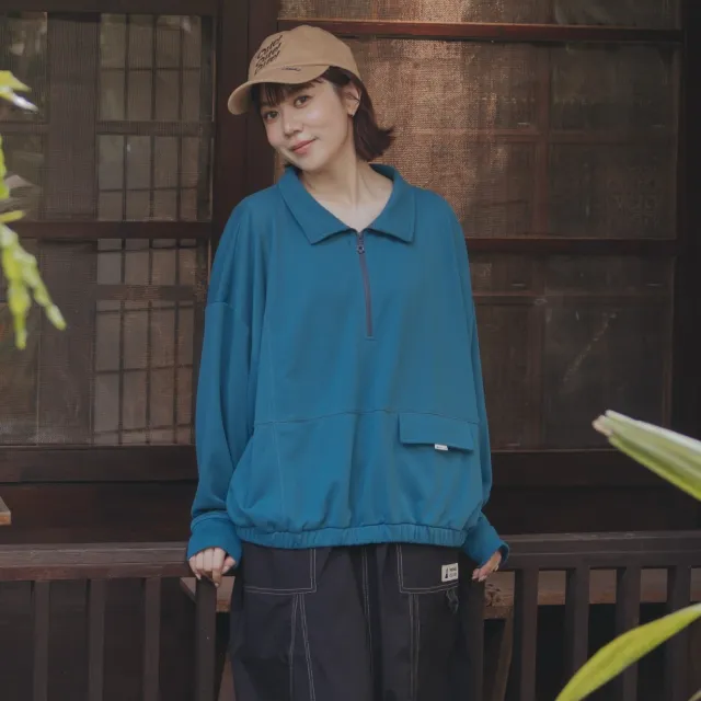 【MOSS CLUB】襯衫領半開拉鍊長袖棉T上衣 藍 黃