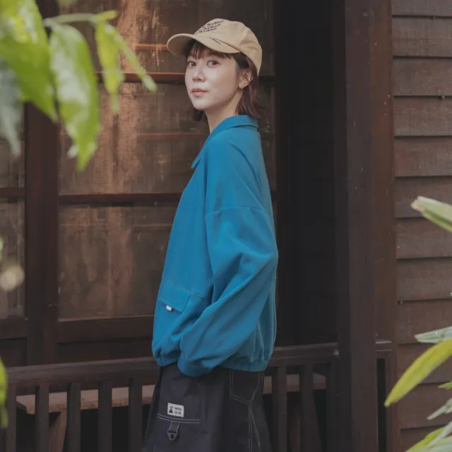 【MOSS CLUB】襯衫領半開拉鍊長袖棉T上衣 藍 黃