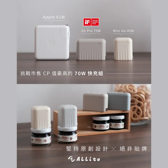【ALLite】A1 PRO 70W 1A+2C氮化鎵三孔快充(充電頭 豆腐頭 充電器 旅充頭)