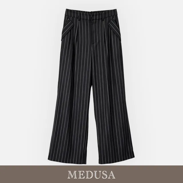 【MEDUSA 曼度莎】現貨-巴黎午茶 法式嫘縈直紋西裝長寬褲（M-XL）｜西裝褲穿搭 法式穿搭