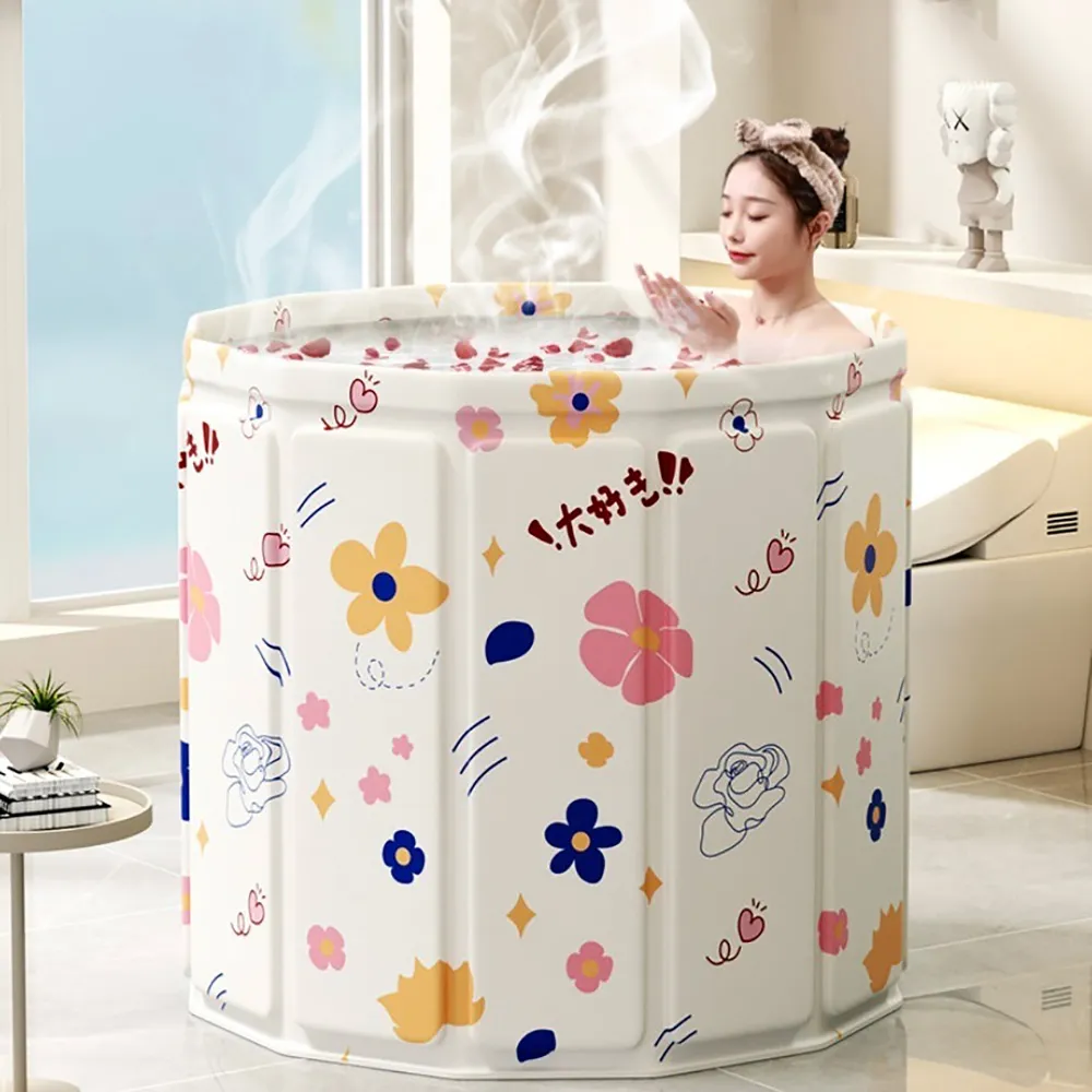 【媽媽咪呀】日式泡湯免安裝加厚折疊泡腳/泡澡桶70cm加大 附坐墊排水管(高密度板保溫摺疊泡澡桶 折疊浴缸)