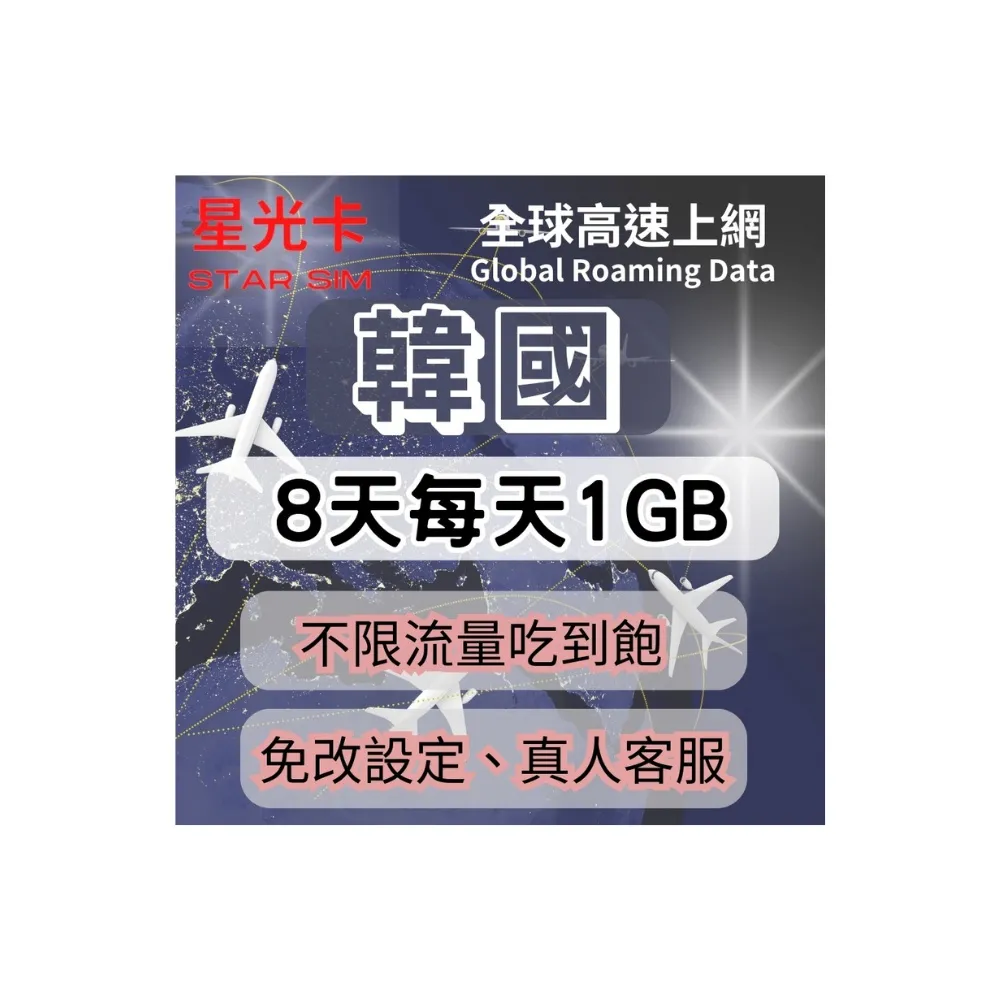 【Star SIM 星光卡】韓國上網卡8天每天高速1GB後降速128k不限量(三合一卡 即插即用免設定)