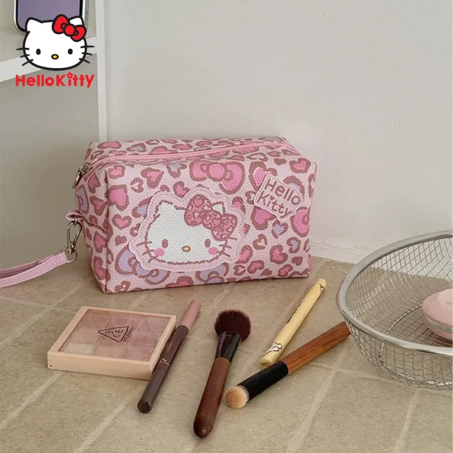 【SANRIO 三麗鷗】雙11 粉豹紋凱蒂貓手提化妝包(洗漱包)