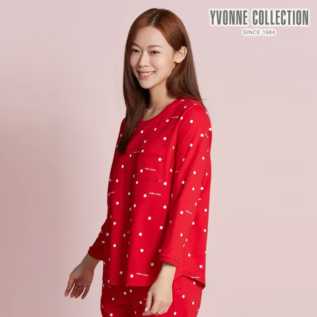 【YVONNE 以旺傢飾】刷毛波點印花長袖上衣-紅