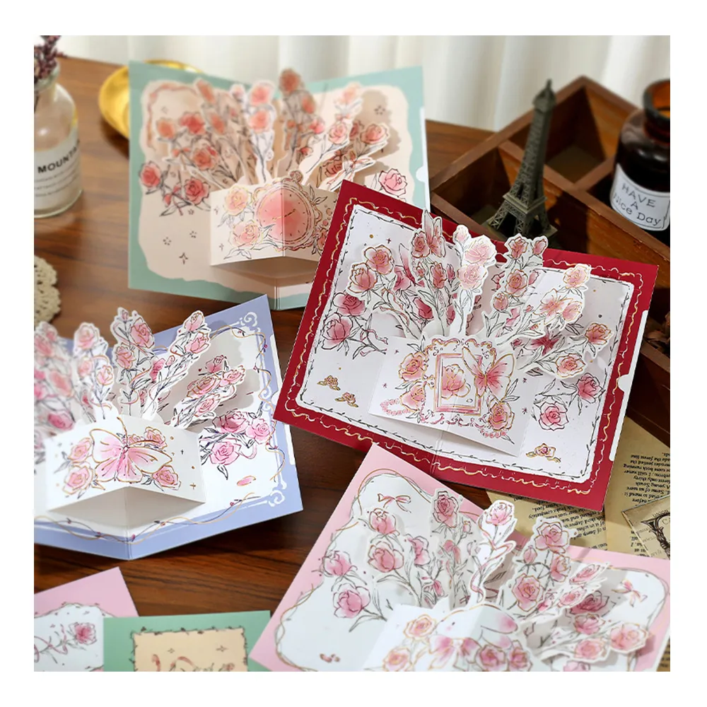 【Paper Play】萬用卡片-3D立體玫瑰花留言祝福卡片 母親節卡片 教師節卡片 生日卡片(4色任選)