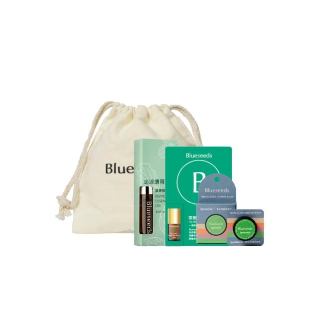 【Blueseeds】夏日清涼組(沁涼薄荷滾珠5ml+茶樹滾珠2ml+薄荷防護膏6g)贈束口袋｜芙彤園