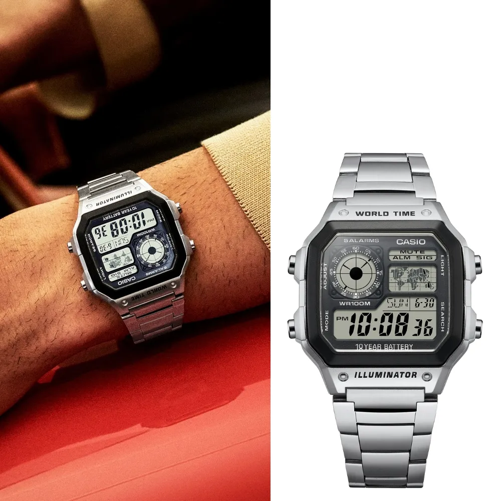 【CASIO 卡西歐】方形不鏽鋼世界地圖電子錶(AE-1200WHD-1A)