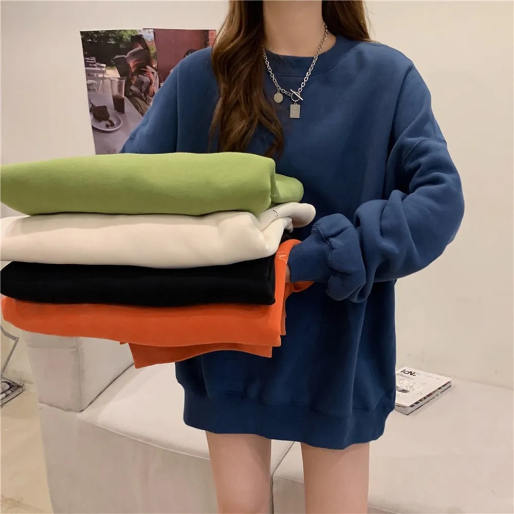 【D.studio】韓版中長款寬鬆內刷毛長袖上衣(大學T女裝衣服寬鬆上衣顯瘦上衣長袖t恤冬裝發熱衣 W466)