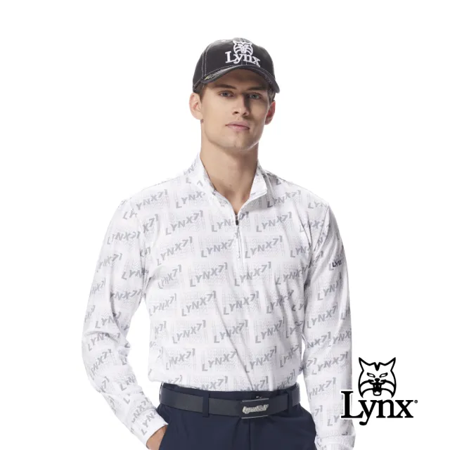 【Lynx Golf】男款吸濕排汗品牌字母印花立領拉鍊長袖POLO衫/高爾夫球衫-淺灰色