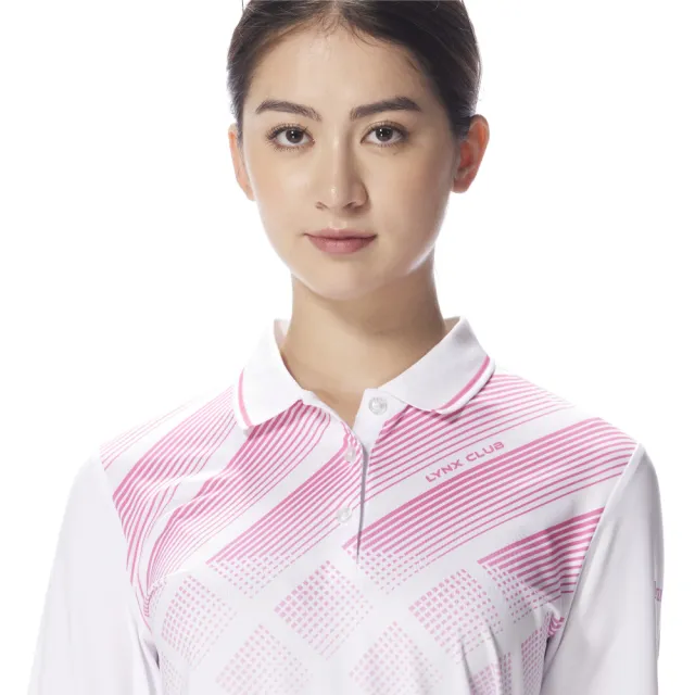 【Lynx Golf】女款吸濕排汗漸層菱紋配條羅紋領長袖POLO衫/高爾夫球衫-粉紅色