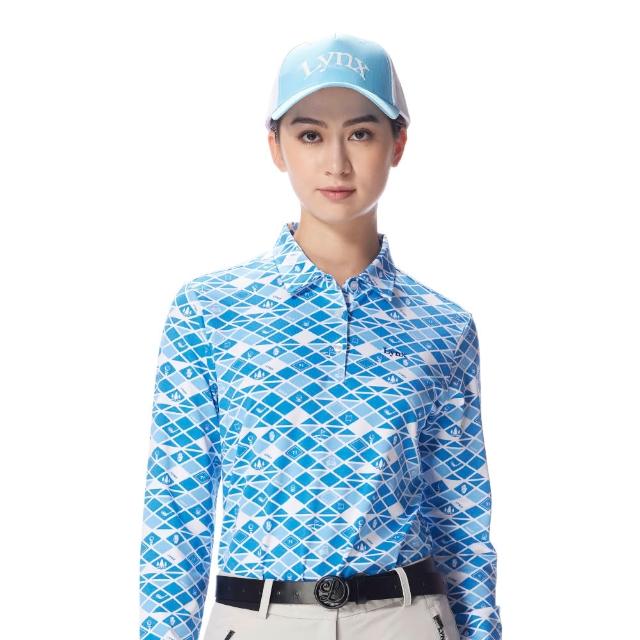 【Lynx Golf】女款吸濕排汗GOLF元素印花長袖POLO衫/高爾夫球衫-藍紫色