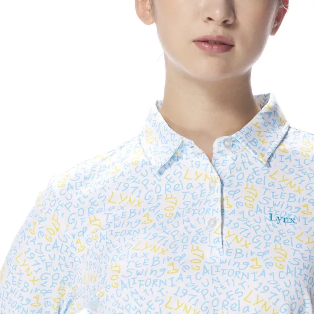 【Lynx Golf】女款吸濕排汗英文字母碎花風格長袖POLO衫/高爾夫球衫-水藍色