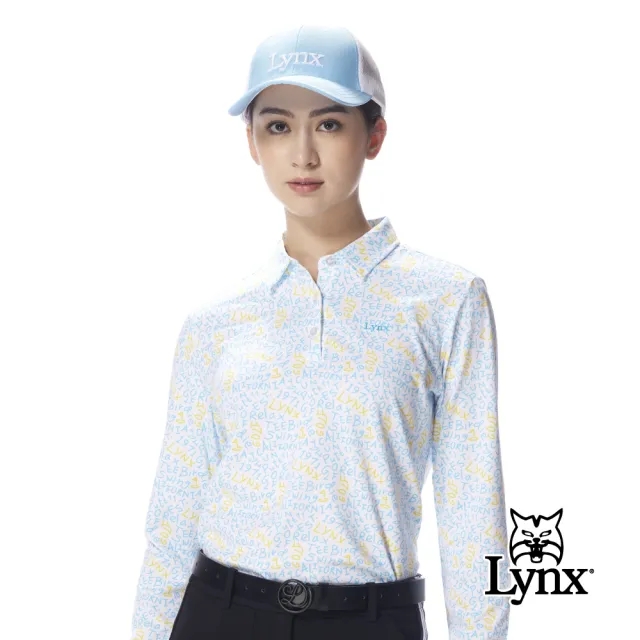 【Lynx Golf】女款吸濕排汗英文字母碎花風格長袖POLO衫/高爾夫球衫-水藍色