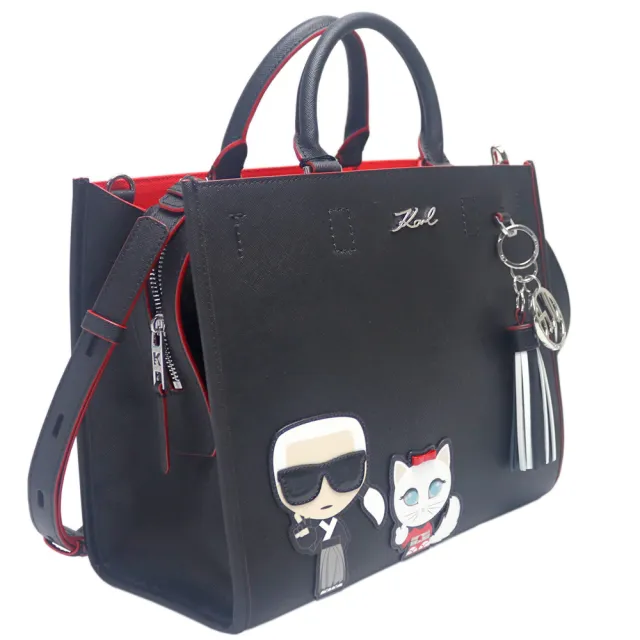 【KARL LAGERFELD 卡爾】墨鏡老佛爺&貓咪硬挺皮革手提斜背兩用包(黑色)