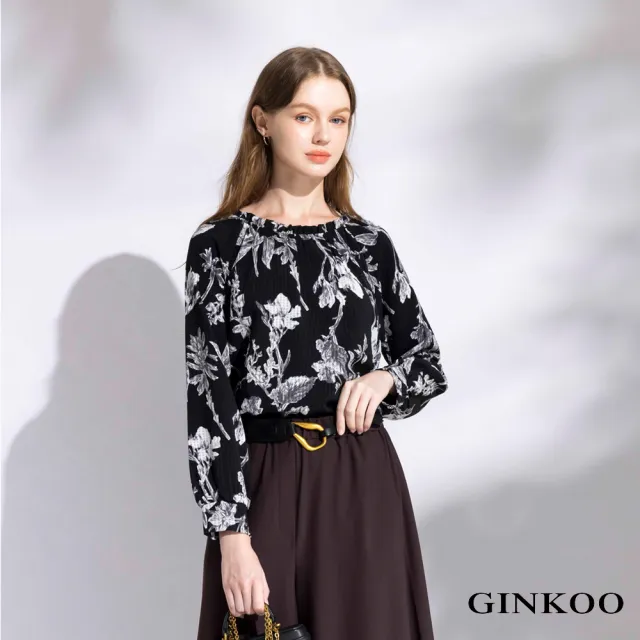 【GINKOO 俊克】領荷葉暗格花朵印花上衣