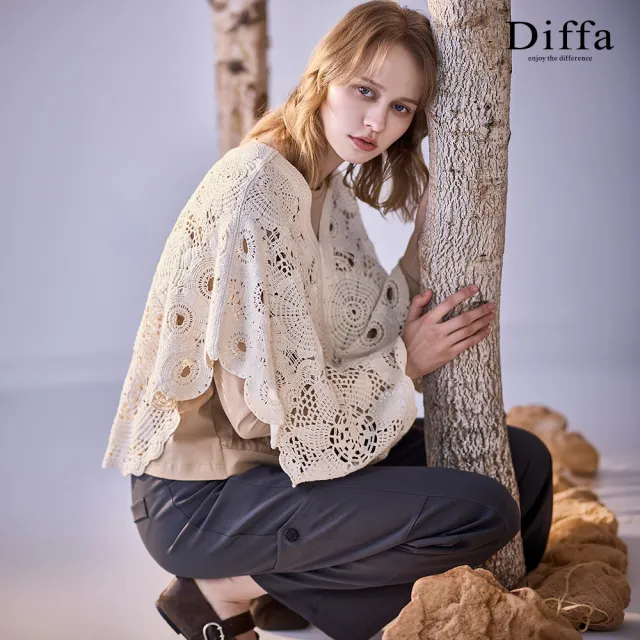 【Diffa】葉脈織紋壓褶異素材拼接長袖針織衫-女