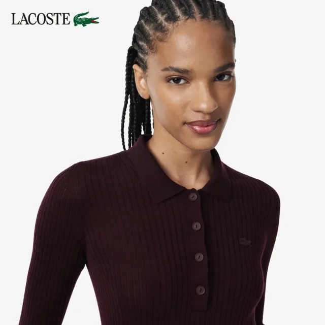 【LACOSTE】女款-美麗諾羊毛Polo領羅紋長袖針織衫(深棕色)