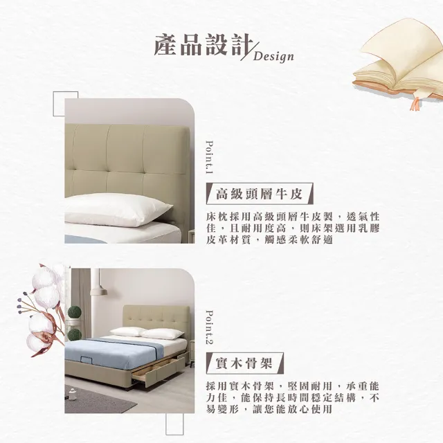 【Hampton 漢汀堡】爾米5尺半牛皮三抽床台-面右抽(雙人床/床台/床架/床組/5尺雙人床)