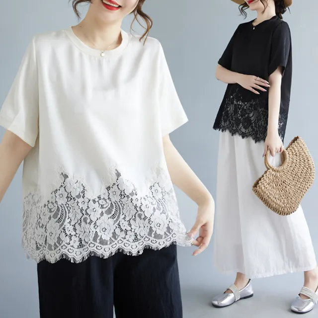 【ALLK 歐楷】新品上架  蕾絲拼接大尺碼上衣歐貨短袖 2色 尺寸L-XXL/中大尺碼/涼爽/透氣
