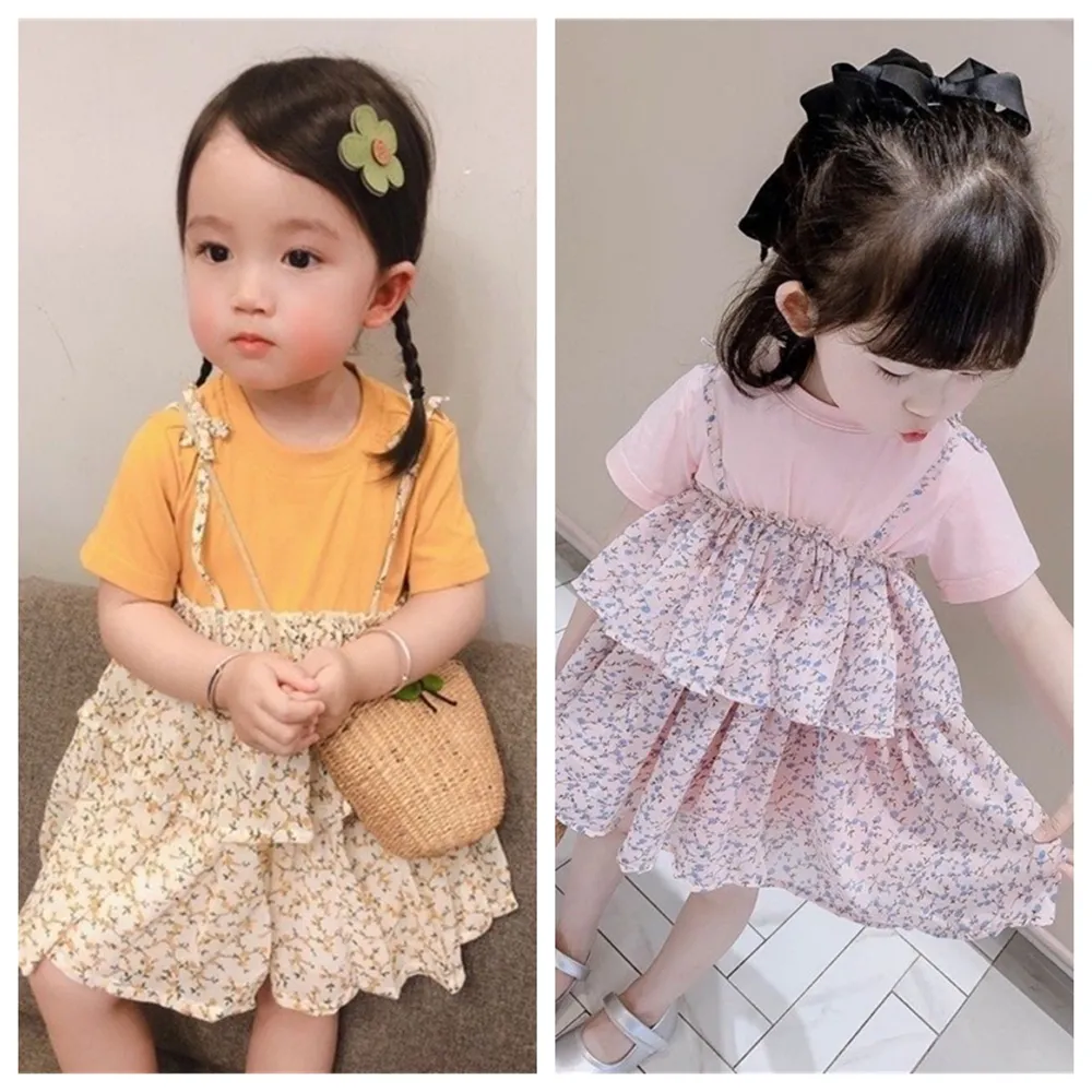 【安朵童舖】現貨韓版兒童短袖假兩件連身蛋糕裙女童碎花連身洋裝女寶短袖連身裙(003)