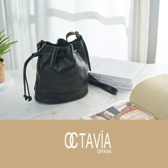 【OCTAVIA 8】雙11 真皮- Nora油蠟牛皮側束口水桶包-女王黑