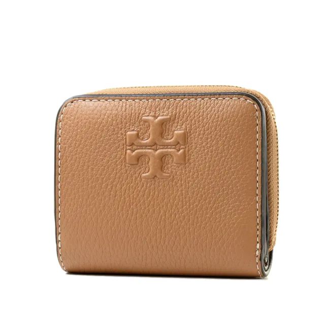 【TORY BURCH】荔枝紋浮雕LOGO釦式對開短夾-棕色