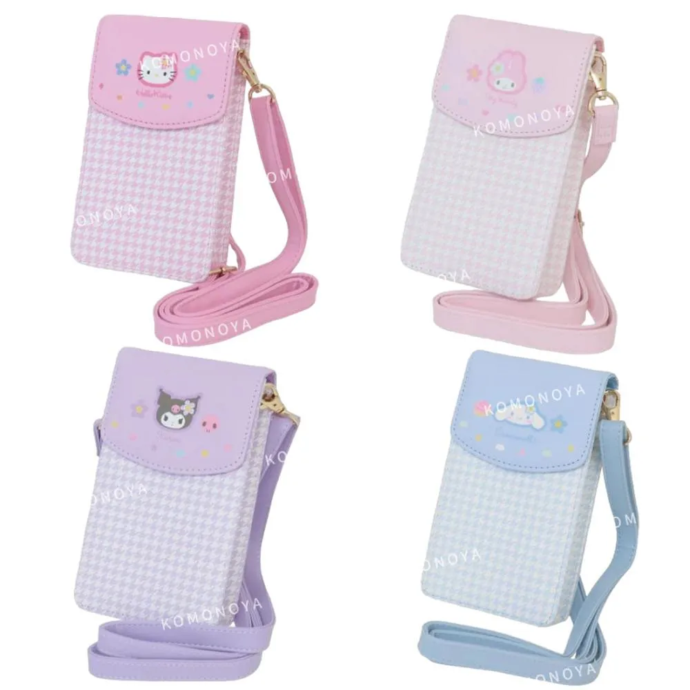 【小禮堂】Sanrio 三麗鷗 復古千鳥格 皮質斜背手機包 - Y2K Kitty 美樂蒂 酷洛米 大耳狗(平