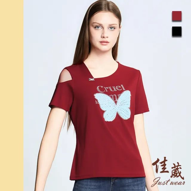 【Just Wear 佳葳】蝶漾亮鑽透肩上衣 2色(女上衣/透紗/拼接/亮鑽/甜美/優雅/百搭/造型上衣)