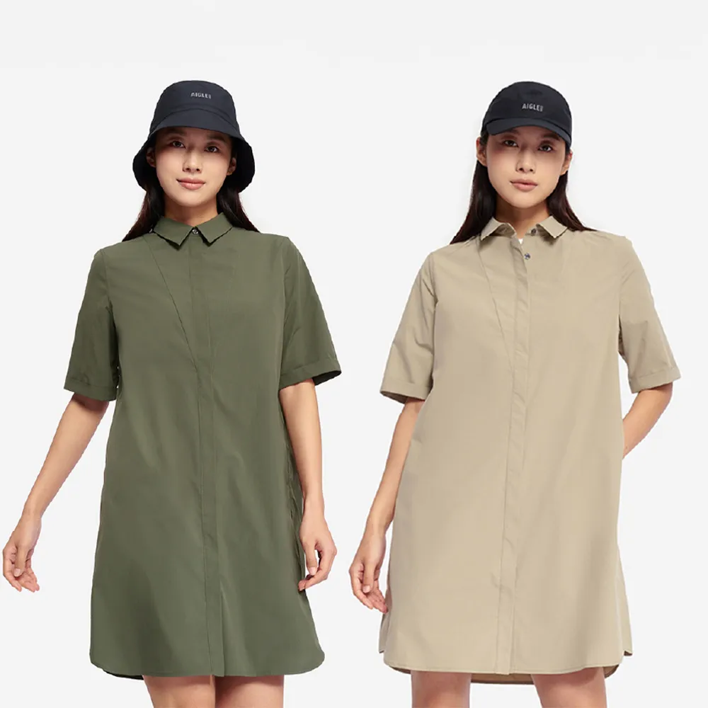 【AIGLE】女 抗UV快乾短袖長版襯衫｜AG-5P214(女襯衫 短袖襯衫 休閒襯衫 快乾 吸濕排汗 洋裝)