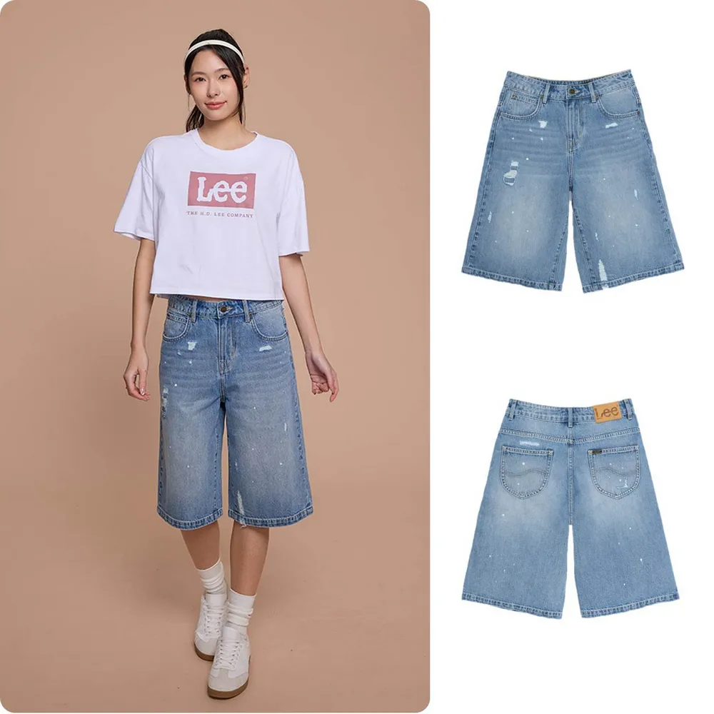 【Lee】女裝 牛仔短褲 / 寬鬆慵懶風 刷破 膝下短褲 JORTS 中藍洗水 / LB622018815