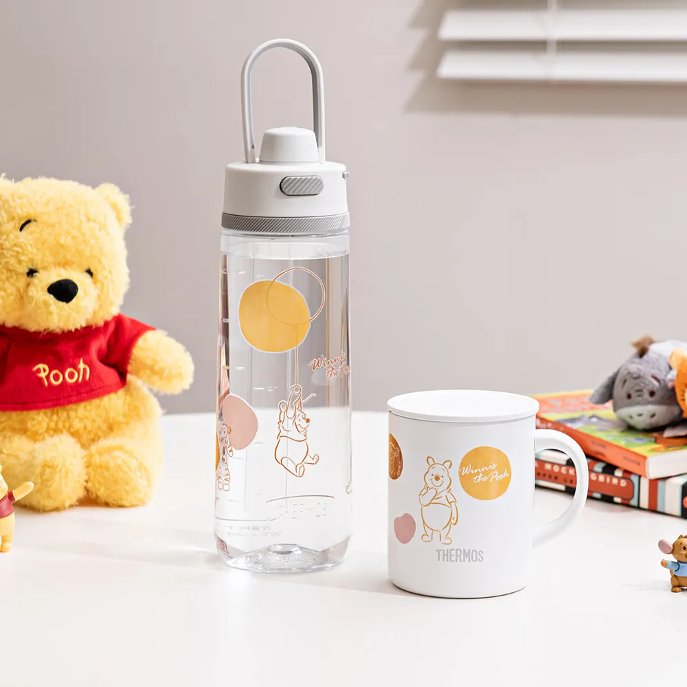【THERMOS 膳魔師】獨家專售_小熊維尼甜甜圈篇彈蓋輕水瓶710ml+不鏽鋼真空杯350ml(TP4329WP+JDG-350WP)