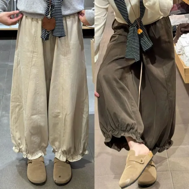 【AKARA】中大尺碼 女裝 秋冬 美式街拍極致寬鬆慵懶感花瓣邊闊腿寬褲 #barrel leg#akara #barrel pants