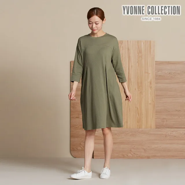 【YVONNE 以旺傢飾】皺皺提花七分袖洋裝-橄欖綠
