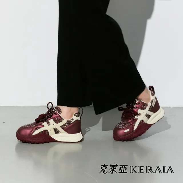 【KERAIA 克萊亞】魅力價-香醇酒紅拼接花紗休閒鞋