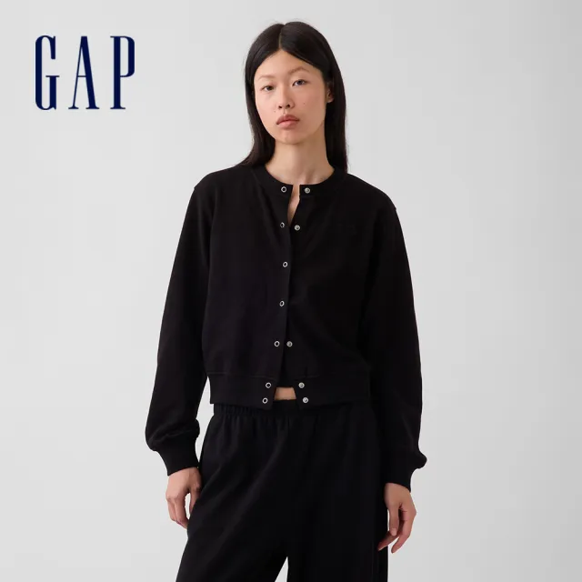 【GAP】VintageSoft毛圈布寬鬆短版開襟大學T-黑色(911058)
