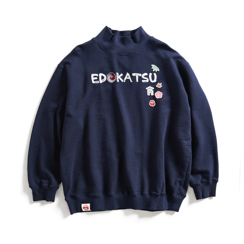 【EDWIN】江戶勝 女裝 經典和柄花紋刺繡貼布高領厚長袖T恤(丈青色)