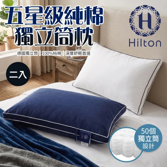 【Hilton 希爾頓】五星級純棉滾邊立體銀離子抑菌獨立筒枕/二入組/二色任選(枕頭/透氣枕)