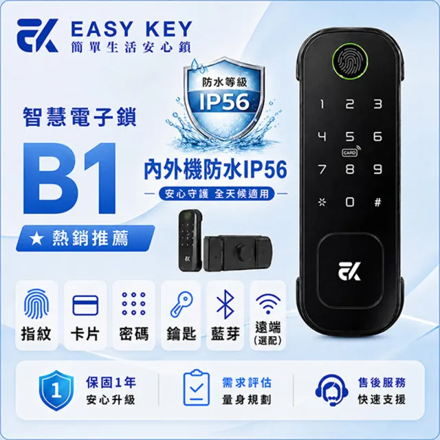【EASYKEY】EK B1 智慧電子鎖/智能鎖/輔助鎖-黑色 (指紋│卡片│密碼│鑰匙│APP)