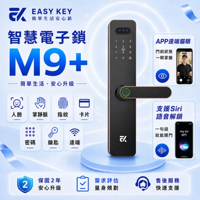 【EASYKEY】EK M9+ 把手型 7合1智慧電子鎖/智能鎖 (人臉辨識│掌靜脈│指紋│卡片│密碼│鑰匙│遠端)