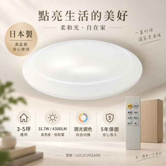 【Panasonic 國際牌】日本製3-5坪 LED吸頂燈 經典 功能全新升級(LGC31202A09 無框)