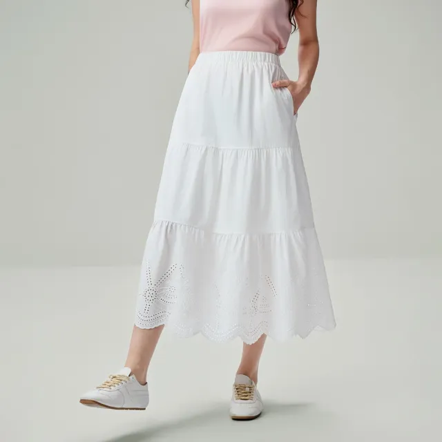【GIORDANO 佐丹奴】女裝質感刺繡花邊蛋糕長裙(02 皎白)